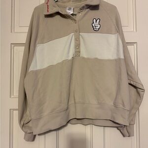 Disney Beige and White Women's Hoodie with Peace Sign